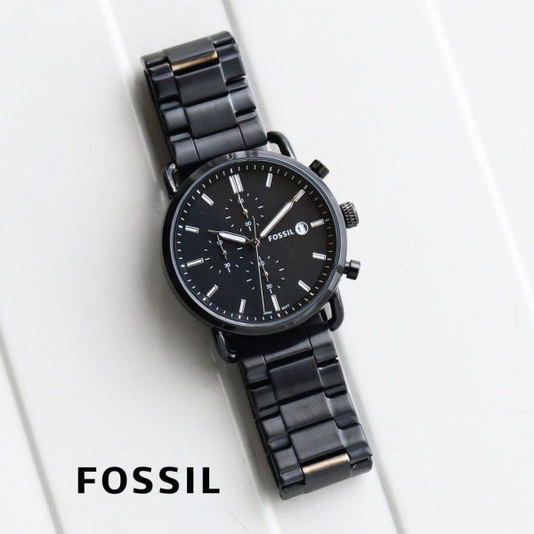 FOSSIL COMMUTER BLACK SILVER STAINLESS STEEL WATCH