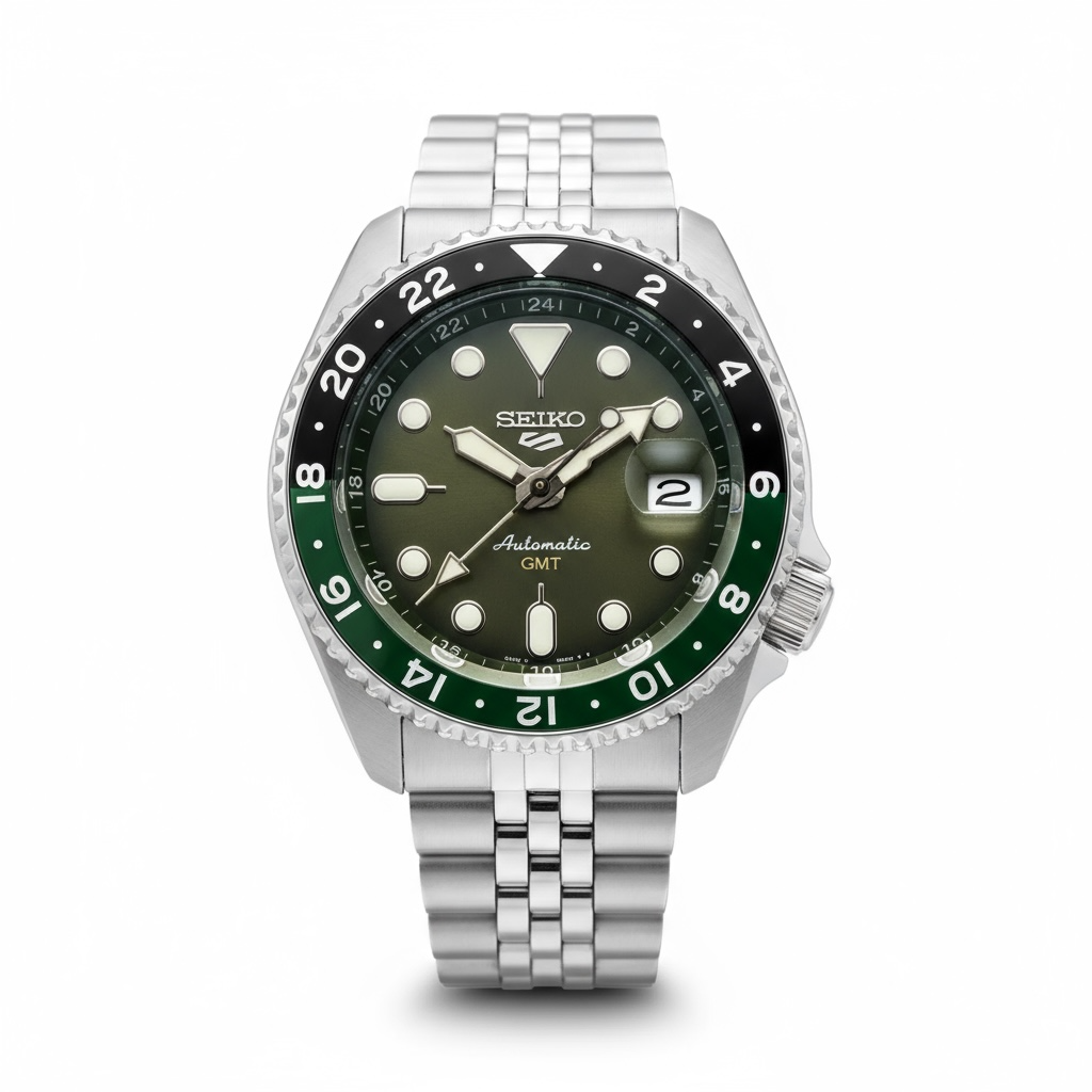 Seiko 5 GMT stainless steel Green Dial watch